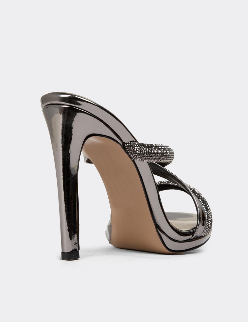 Platin Rengi Topuklu Kadın Taşlı Abiye Ayakkabı - H1708ZPLTM01