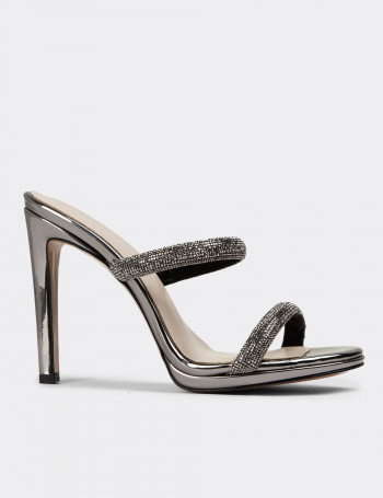 Platin Rengi Topuklu Kadın Taşlı Abiye Ayakkabı - H1748ZPLTM01