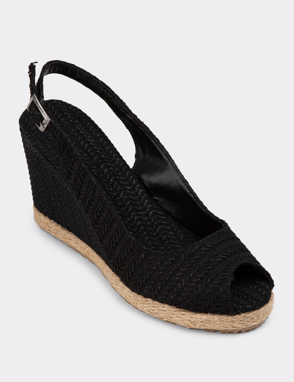 Siyah Dolgu Topuk Hasır Desen Kadın Sandalet - K1162ZSYHC01