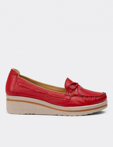 Hakiki Deri Kırmızı Günlük Dolgu Topuk Kadın Ayakkabı