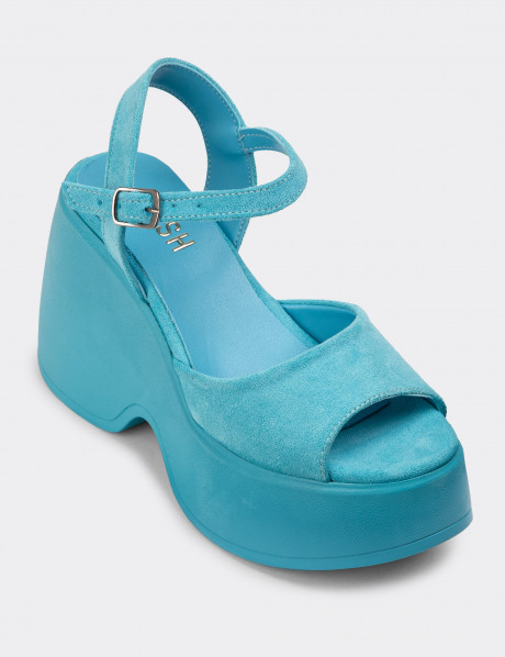 Mavi Süet Platform Topuk Kadın Sandalet