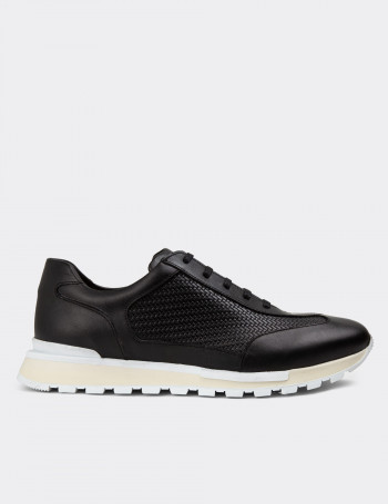 Hakiki Deri Siyah Sneaker Erkek Ayakkabı - 01729MSYHT03
