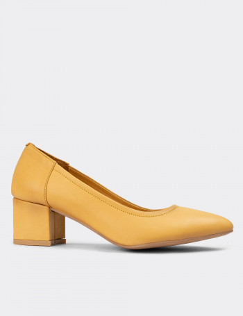 Hakiki Deri Sarı Kadın Günlük Topuklu Ayakkabı