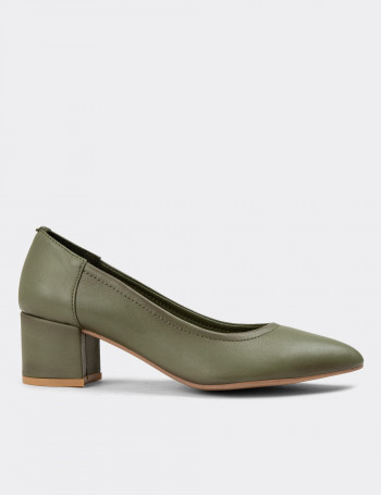 Hakiki Deri Yeşil Kadın Günlük Topuklu Ayakkabı