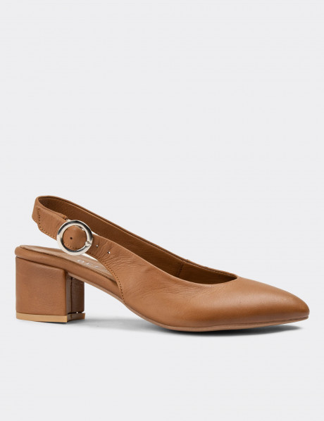 Hakiki Deri Kahverengi Kadın Günlük Topuklu Ayakkabı