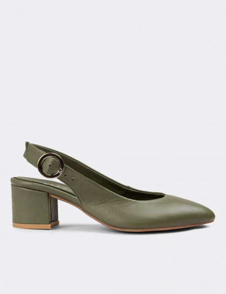 Hakiki Deri Yeşil Kadın Topuklu Günlük Ayakkabı