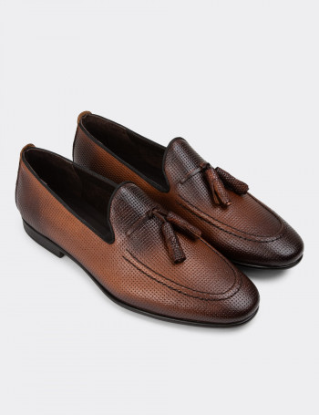 Hakiki Deri Taba Rengi Erkek Püsküllü Loafer - 01701MTBAC14