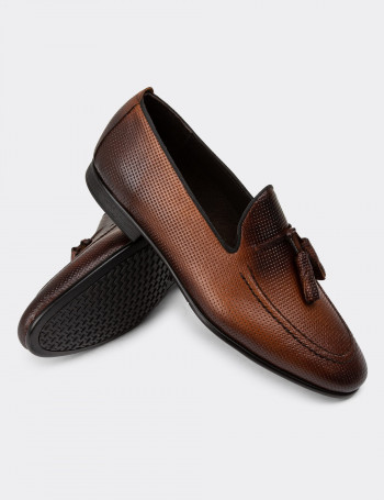 Hakiki Deri Taba Rengi Erkek Püsküllü Loafer - 01701MTBAC14