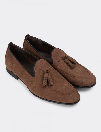 Hakiki Nubuk Vizon Rengi Erkek Püsküllü Loafer - 01701MVZNC01