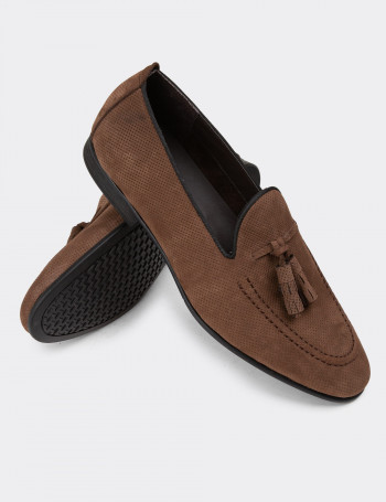 Hakiki Nubuk Vizon Rengi Erkek Püsküllü Loafer - 01701MVZNC01