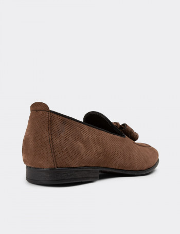 Hakiki Nubuk Vizon Rengi Erkek Püsküllü Loafer - 01701MVZNC01
