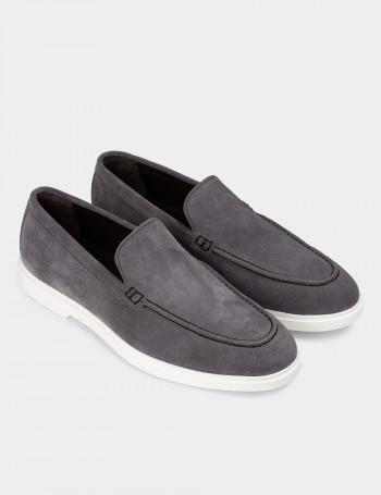 Hakiki Süet Gri Erkek Loafer Ayakkabı - 01957MGRIE01