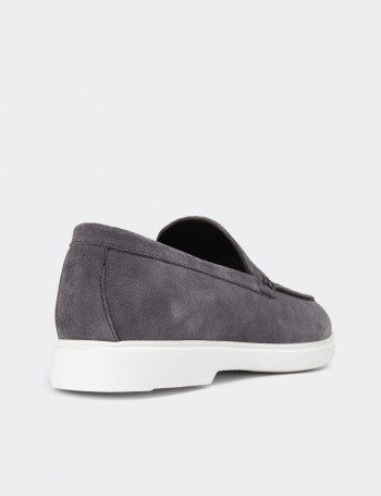 Hakiki Süet Gri Erkek Loafer Ayakkabı - 01957MGRIE01