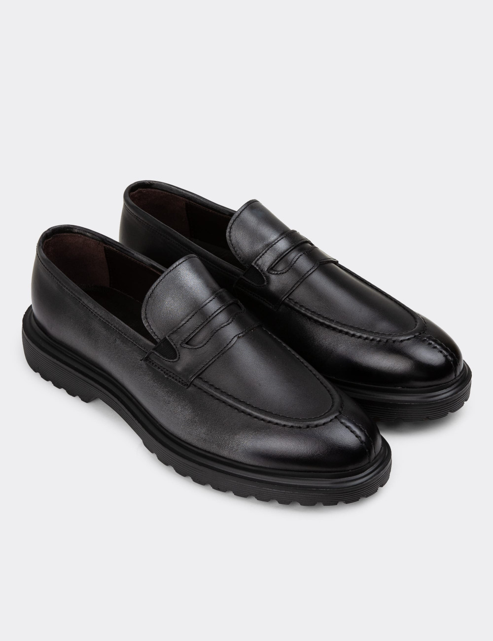 Hakiki Deri Vintage Gri Erkek Loafer Ayakkabı - 01878MGRIE01