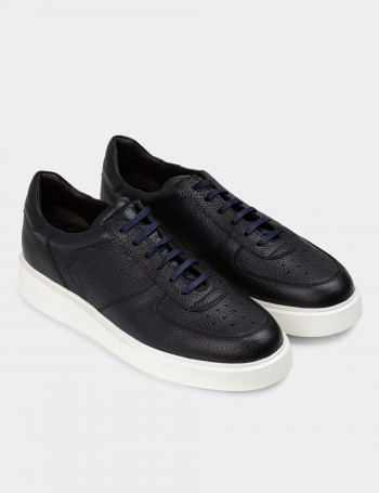 Hakiki Deri Lacivert Erkek Sneaker Ayakkabı - 01965MLCVE01