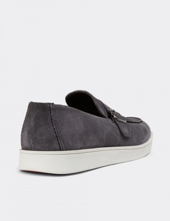 Hakiki Süet Gri Tokalı Erkek Loafer Ayakkabı - 01959MGRIC01