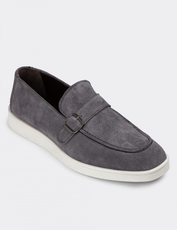 Hakiki Süet Gri Tokalı Erkek Loafer Ayakkabı - 01959MGRIC01