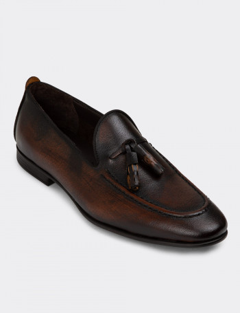 Hakiki Deri Kahverengi Vintage Püsküllü Erkek Loafer