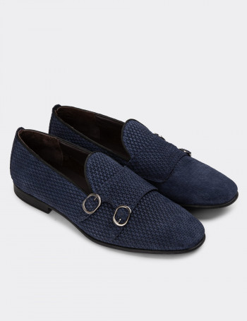 Hakiki Nubuk Lacivert Çift Tokalı Erkek Loafer Ayakkabı - 01704MLCVC03