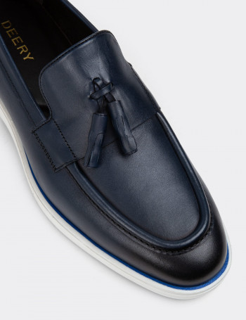 Hakiki Deri Mavi Erkek Loafer Ayakkabı - 01958MMVIC01