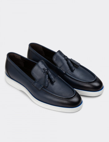 Hakiki Deri Mavi Erkek Loafer Ayakkabı - 01958MMVIC01