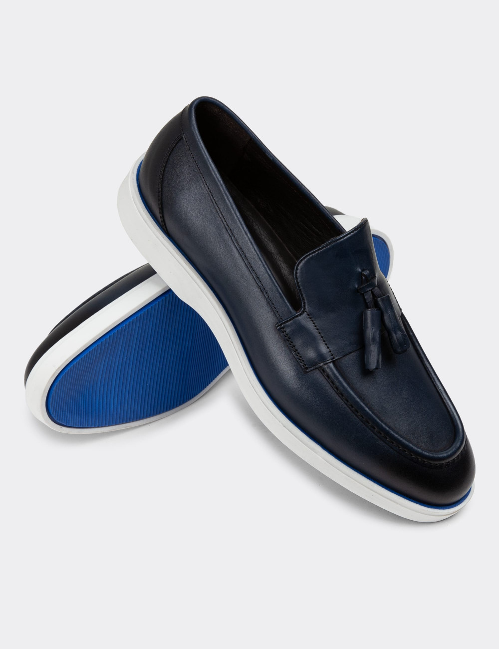 Hakiki Deri Mavi Erkek Loafer Ayakkabı - 01958MMVIC01