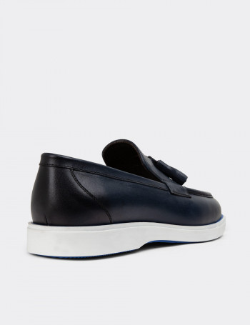 Hakiki Deri Mavi Erkek Loafer Ayakkabı - 01958MMVIC01