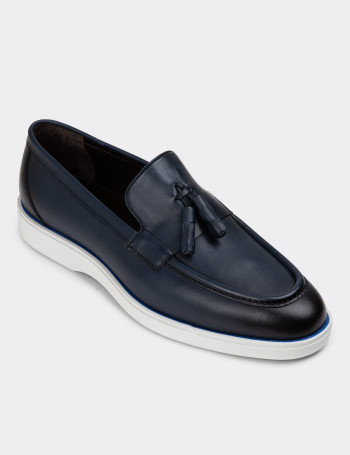 Hakiki Deri Mavi Erkek Loafer Ayakkabı