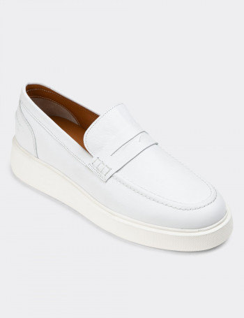 Hakiki Deri Beyaz Erkek Loafer Ayakkabı - 01964MBYZE01