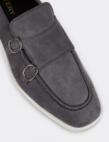Hakiki Süet Gri Çift Tokalı Erkek Loafer Ayakkabı - 01966MGRIC01
