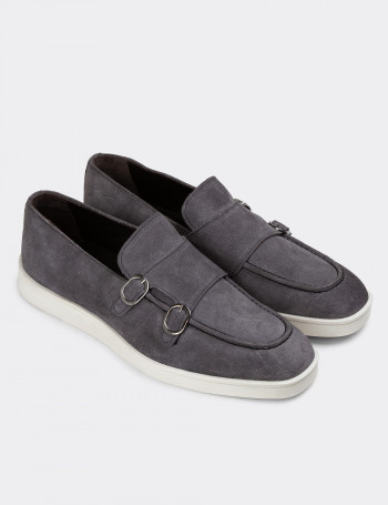 Hakiki Süet Gri Çift Tokalı Erkek Loafer Ayakkabı - 01966MGRIC01