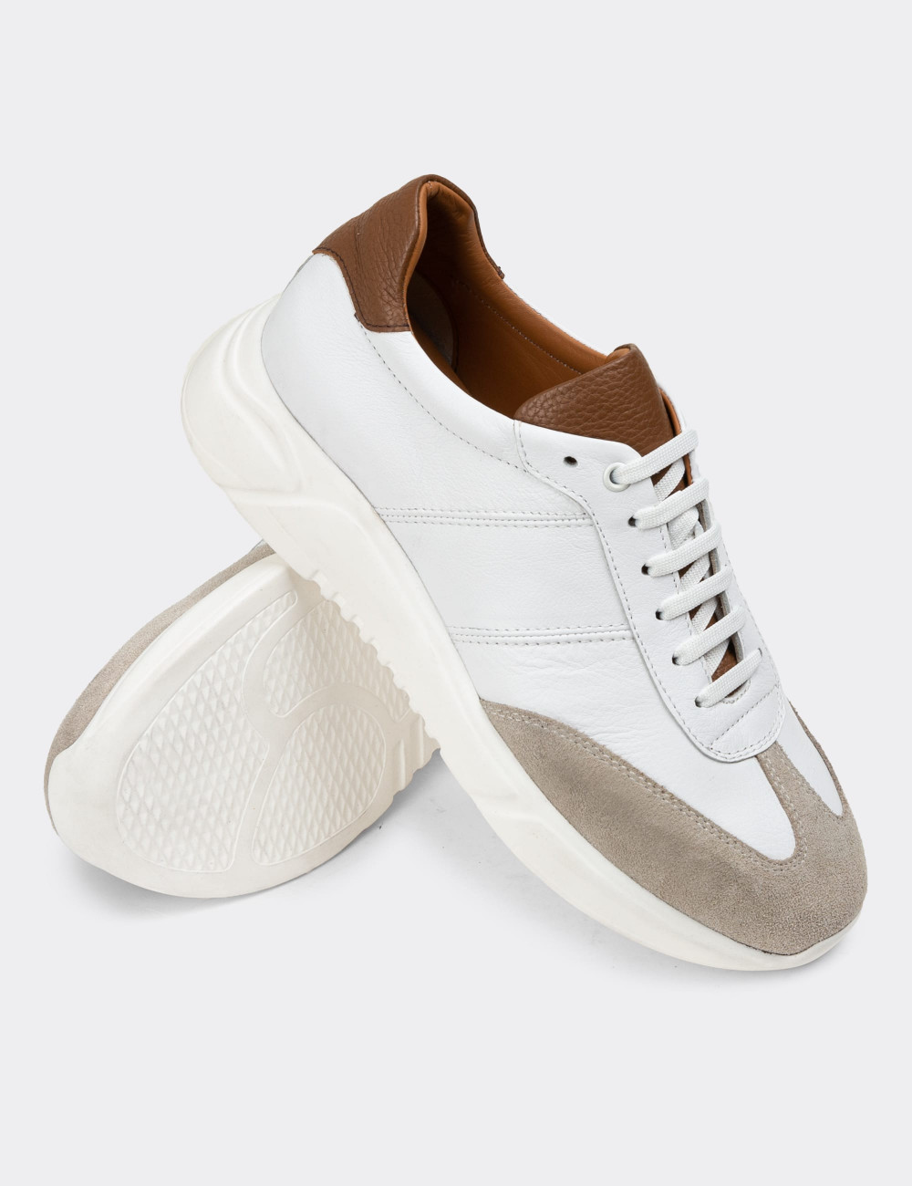 Hakiki Deri Beyaz Erkek Sneaker Ayakkabı - 01961MBYZP01