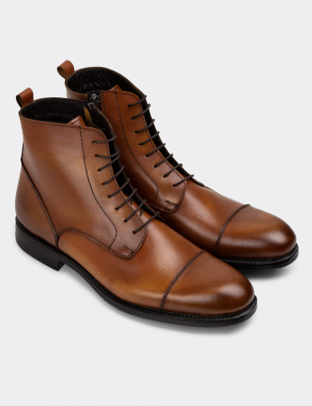 Hakiki Deri Taba Rengi Fermuarlı Erkek Bot - 01974MTBAC01
