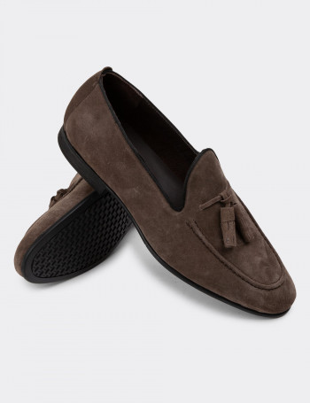 Hakiki Süet Vizon Rengi Püsküllü Erkek Loafer - 01701MVZNC04