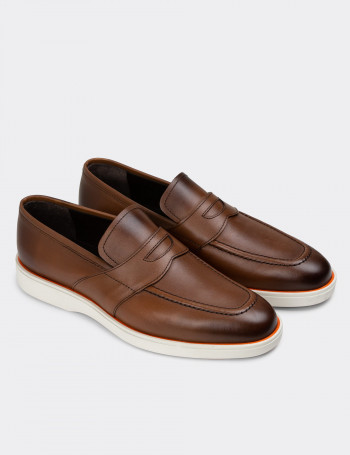 Hakiki Deri Taba Rengi Erkek Loafer Ayakkabı - 01960MTBAC01