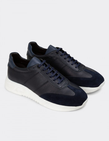 Hakiki Deri Lacivert Erkek Sneaker Ayakkabı - 01961MLCVP01
