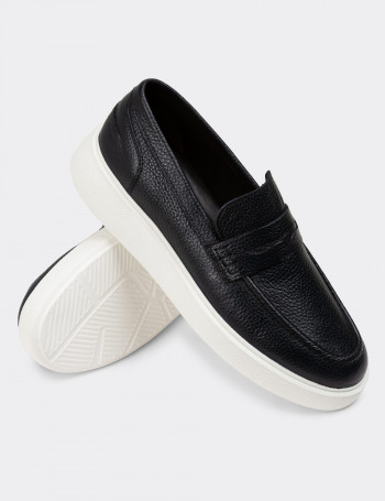 Hakiki Deri Lacivert Erkek Loafer Ayakkabı - 01964MLCVE01