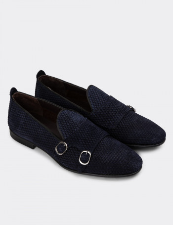 Hakiki Nubuk Lacivert Erkek Çift Tokalı Loafer - 01704MLCVC04