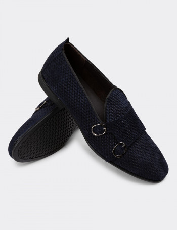 Hakiki Nubuk Lacivert Erkek Çift Tokalı Loafer - 01704MLCVC04