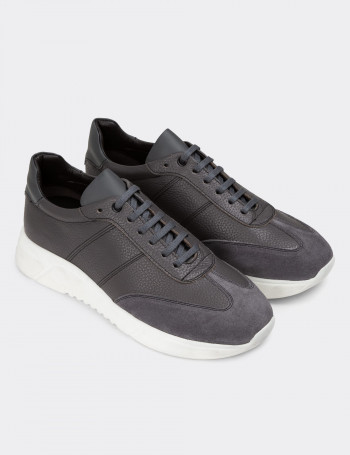 Hakiki Deri Gri Erkek Sneaker Ayakkabı - 01961MGRIP01