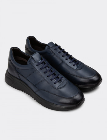 Hakiki Deri Lacivert Erkek Sneaker Ayakkabı - 01963MLCVE02