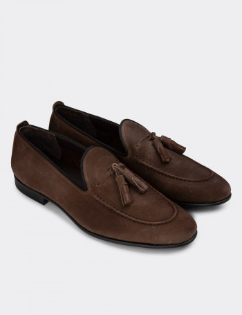 Hakiki Süet Kahverengi Erkek Loafer Ayakkabı - 01701MKHVC91