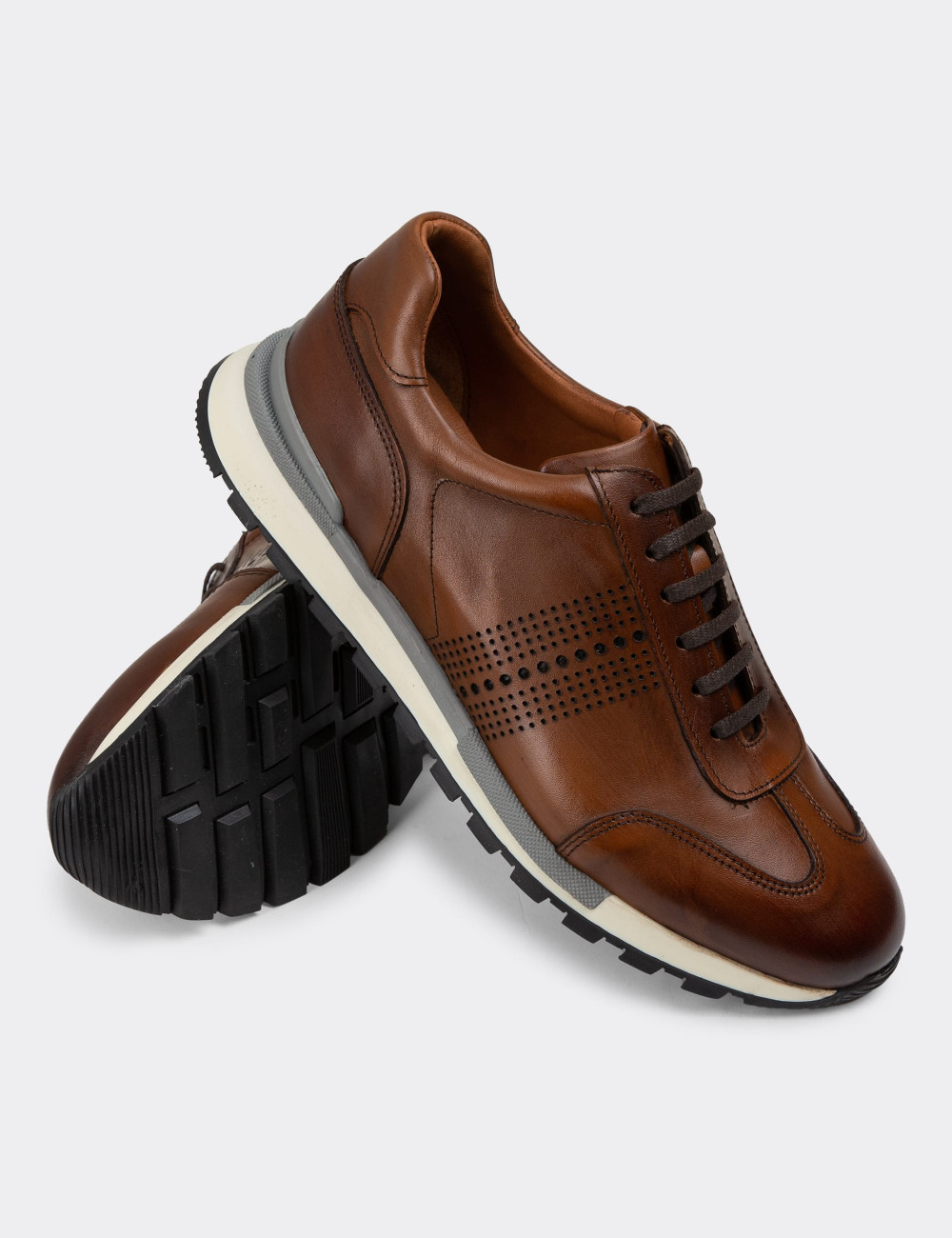 Hakiki Deri Taba Rengi Erkek Sneaker Ayakkabı - 01738MTBAT04