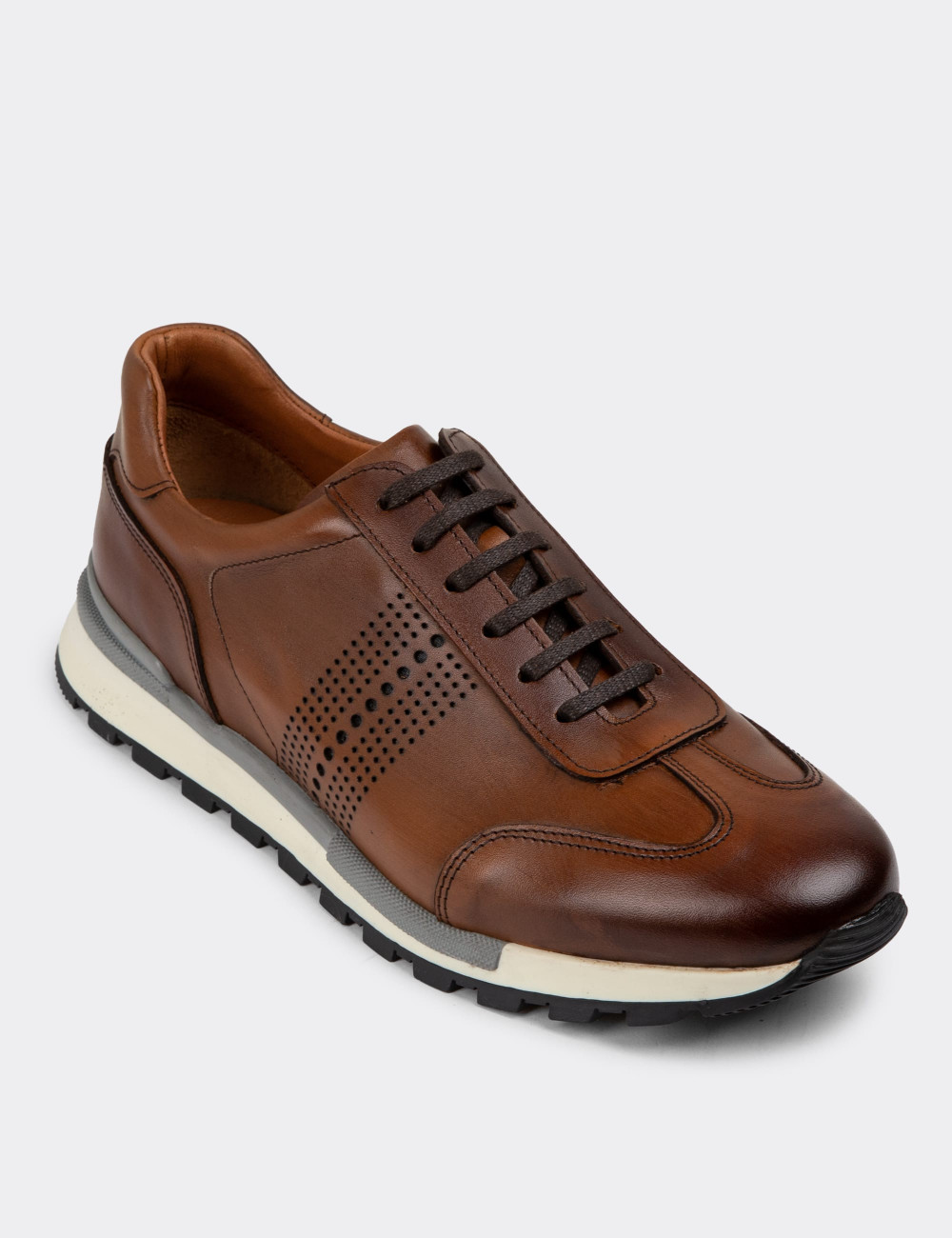 Hakiki Deri Taba Rengi Erkek Sneaker Ayakkabı - 01738MTBAT04