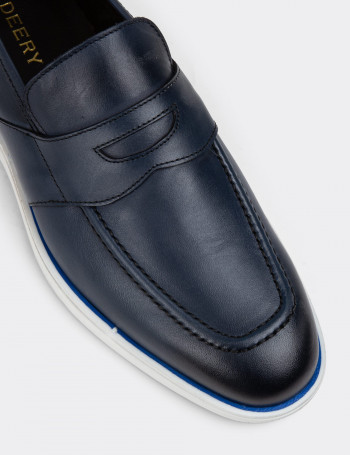 Hakiki Deri Mavi Erkek Loafer Ayakkabı - 01960MMVIC01