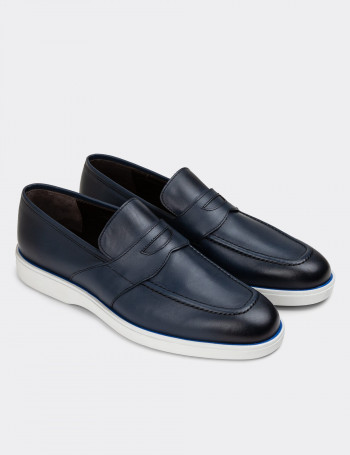 Hakiki Deri Mavi Erkek Loafer Ayakkabı - 01960MMVIC01