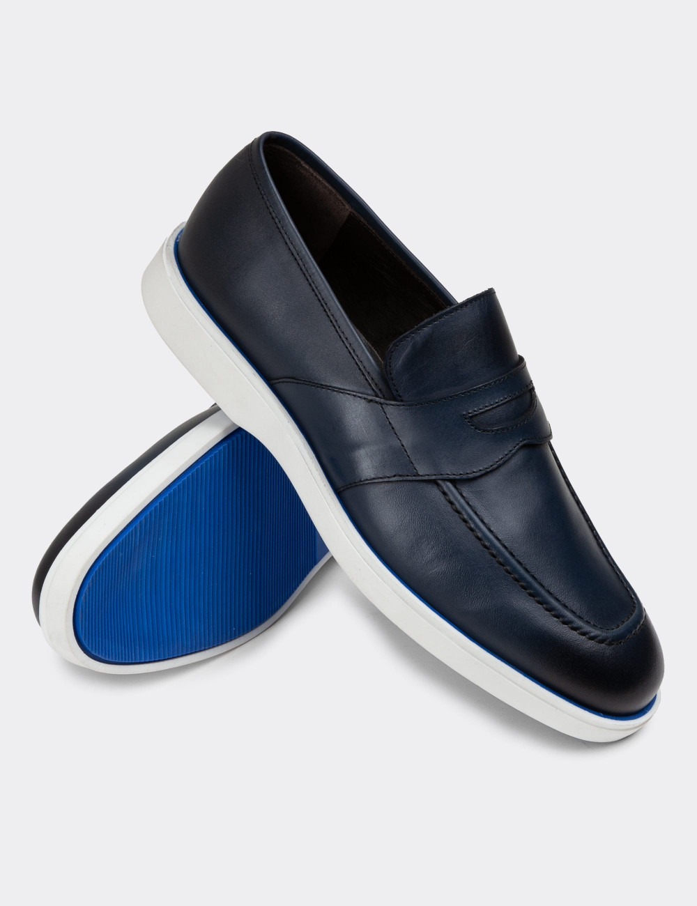 Hakiki Deri Mavi Erkek Loafer Ayakkabı - 01960MMVIC01