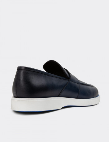 Hakiki Deri Mavi Erkek Loafer Ayakkabı - 01960MMVIC01