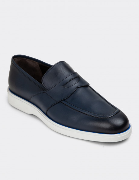 Hakiki Deri Mavi Erkek Loafer Ayakkabı