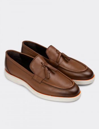 Hakiki Deri Taba Rengi Püsküllü Erkek Loafer - 01958MTBAC01